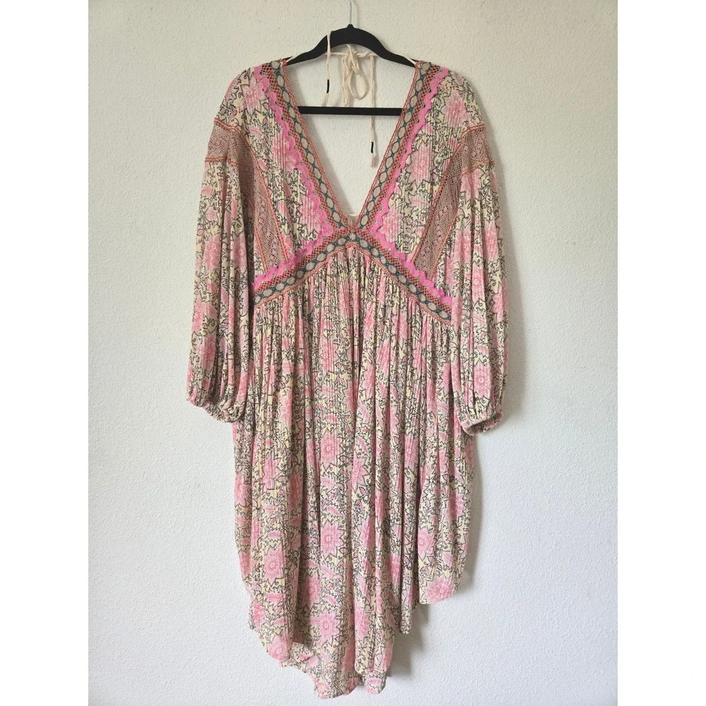 Free People XL Pink Floral Crochet Lace Moon Child Balloon Sleeve Dress Oversize